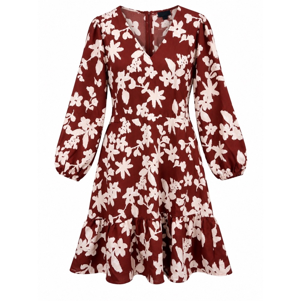 ANN TAYLOR Floral Long-Sleeve V-Neck Flounce Dress, Size 14